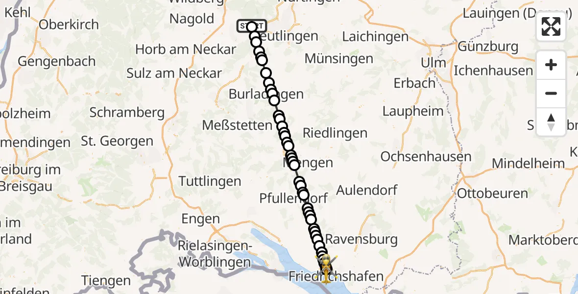 Flugroute Rettungshubschrauber Tübingen University Hospital - Friedrichshafen Hospital, 23 März 2026, 07:27