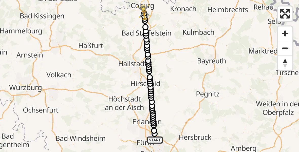 Flugroute Ambulanzhubschrauber Flughafen Nuremberg - Niederfüllbach, 23 März 2026, 07:39
