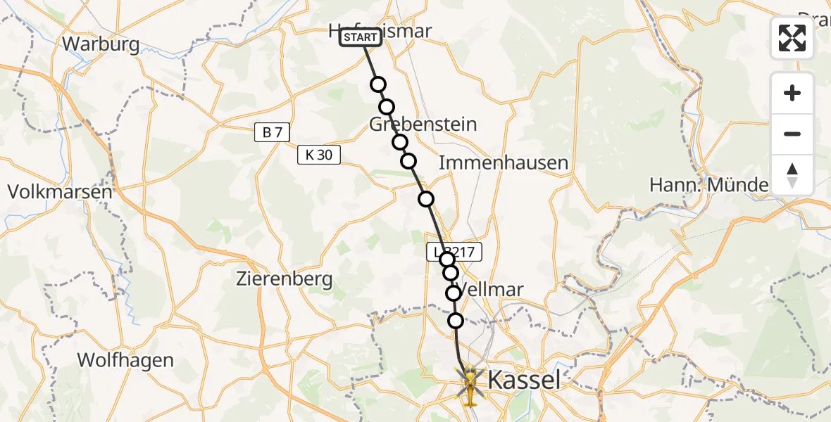 Flugroute Rettungshubschrauber Hofgeismar - Kassel, 23 März 2026, 07:39