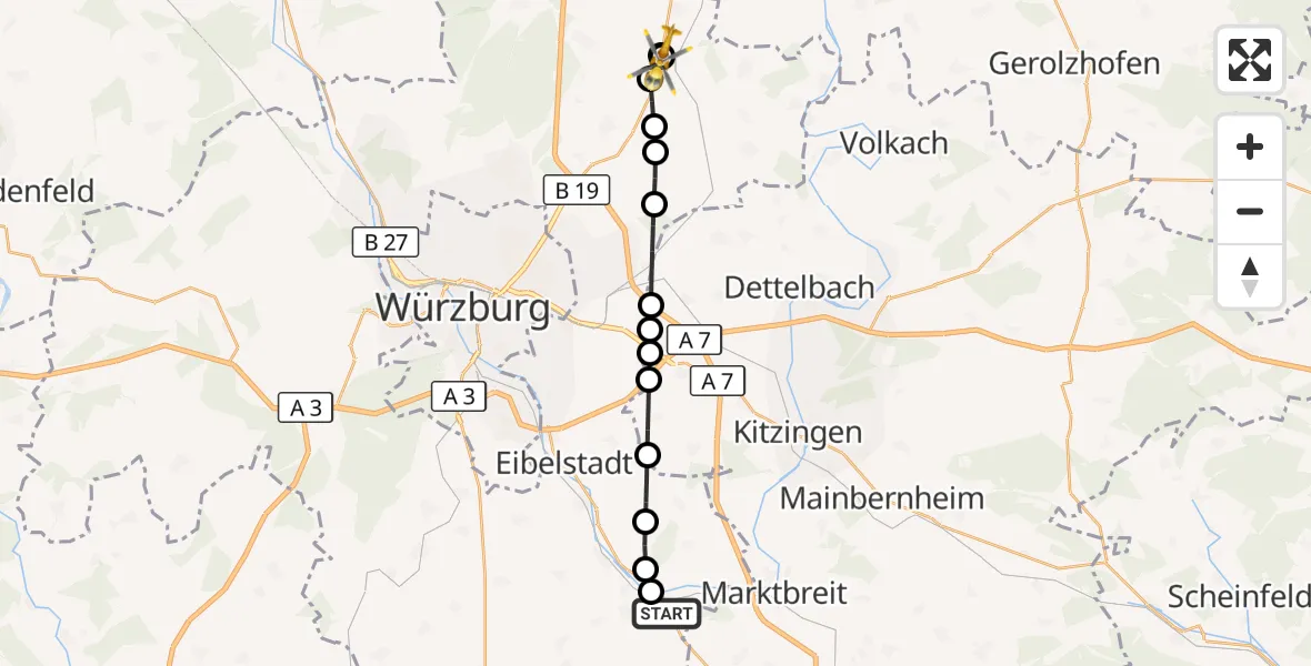 Flugroute Rettungshubschrauber Ochsenfurt - Bergtheim, 23 März 2026, 07:40