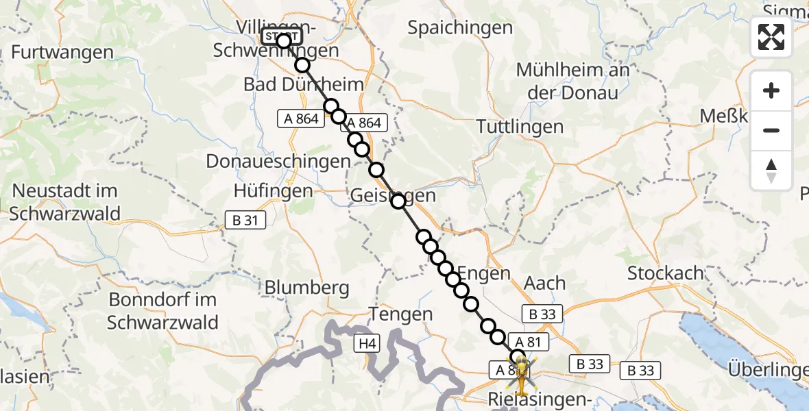 Flugroute Rettungshubschrauber DRF Air Rescue Station Villingen-Schwenningen Hubschrauberlandeplatz (Christoph 11) - Singen (Hohentwiel), 23 März 2026, 07:41