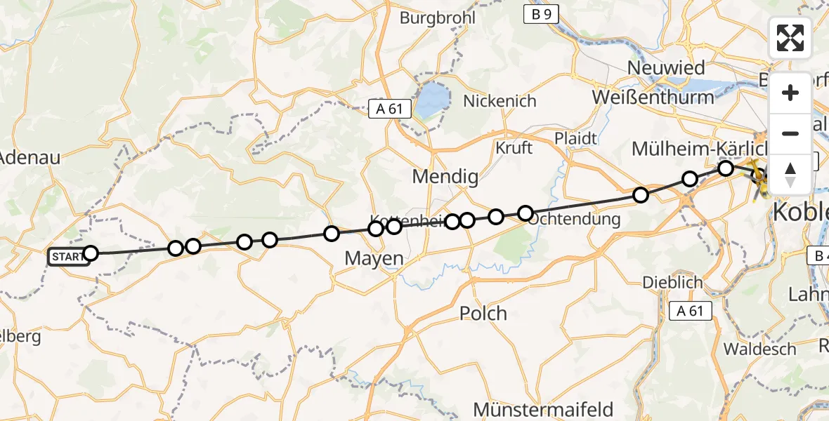 Flugroute Ambulanzhubschrauber Meuspath - Koblenz, 23 März 2026, 07:50
