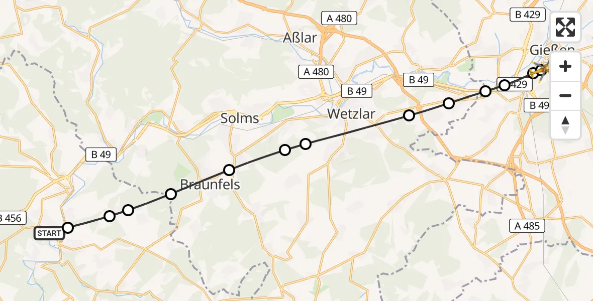 Flugroute Rettungshubschrauber Weilburg - Gießen University Hospital, 23 März 2026, 07:53