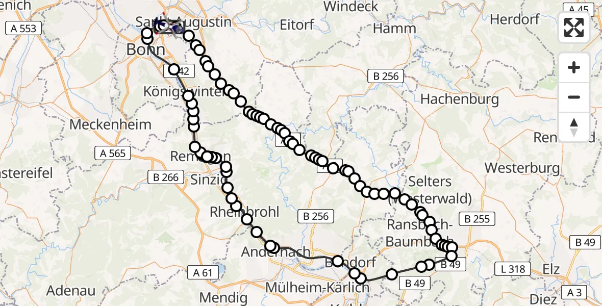 Flugroute Polizeihubschrauber Bonn-Hangelar Flugplatz - Sankt Augustin, 23 März 2026, 07:56