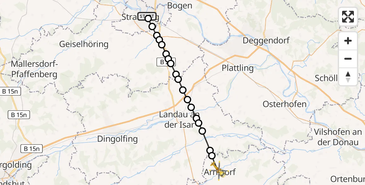 Flugroute Rettungshubschrauber Sankt Elisabeth Hospital Straubing - Arnstorf, 23 März 2026, 07:56