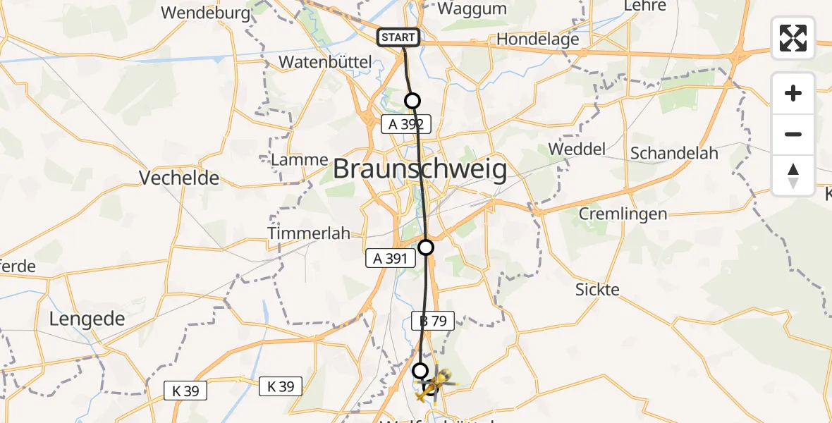 Flugroute Rettungshubschrauber Nördliche Schunter-/Okeraue - Wolfenbüttel Municipal Hospital Heliport (Christoph 30), 23 März 2026, 08:03