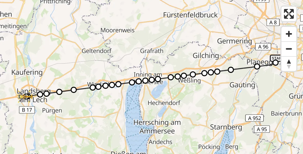 Flugroute Rettungshubschrauber DRF Air Rescue München Hubschrauberlandeplatz - Landsberg am Lech Hospital, 23 März 2026, 08:11