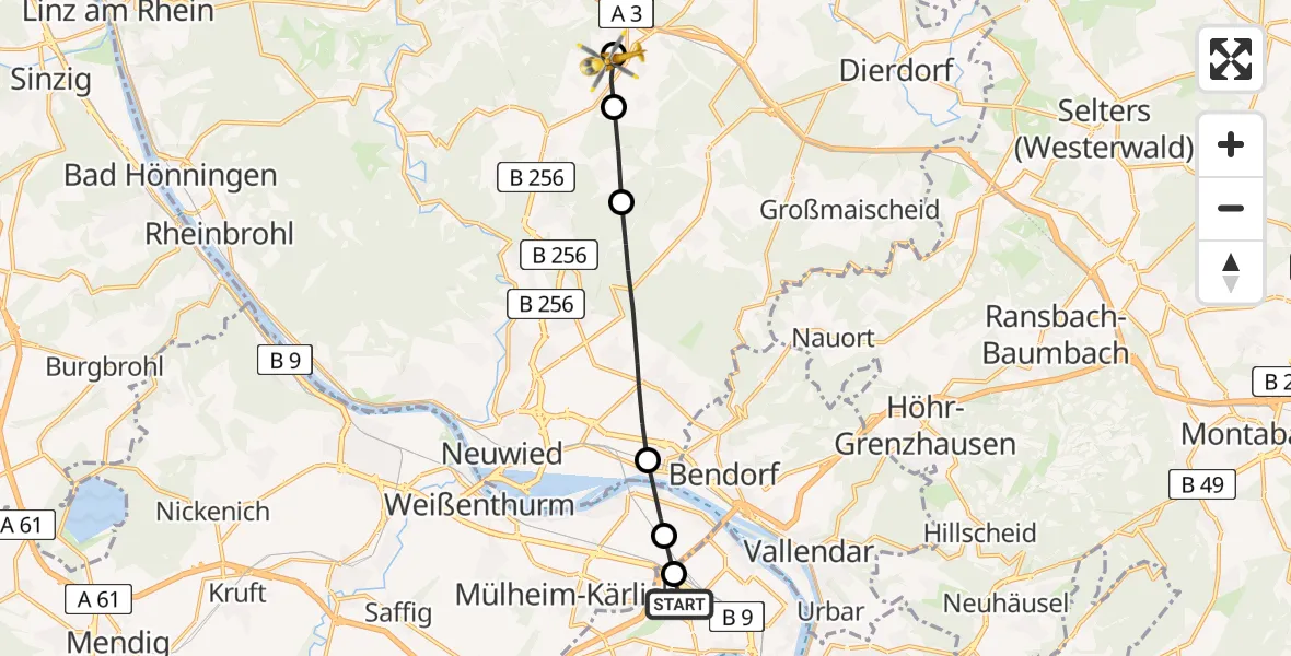 Flugroute Rettungshubschrauber Bubenheim - Gierend, 23 März 2026, 08:11