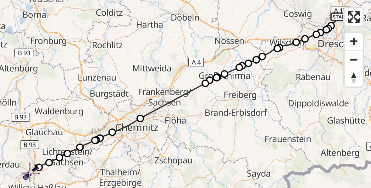 Flugroute Polizeihubschrauber Klotzsche - Zwickau, 23 März 2026, 08:11