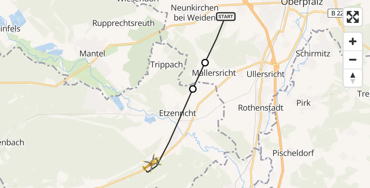 Flugroute Rettungshubschrauber Latsch - Etzenricht, 23 März 2026, 08:12