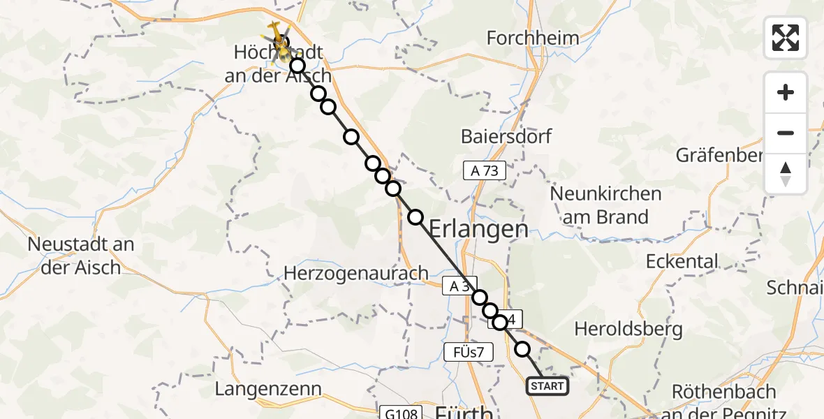 Flugroute Rettungshubschrauber Flughafen Nuremberg - Nackendorf, 23 März 2026, 08:18