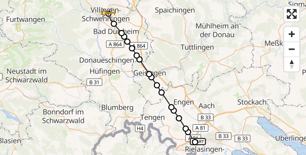 Flugroute Rettungshubschrauber Singen (Hohentwiel) - DRF Air Rescue Station Villingen-Schwenningen Hubschrauberlandeplatz (Christoph 11), 23 März 2026, 08:23