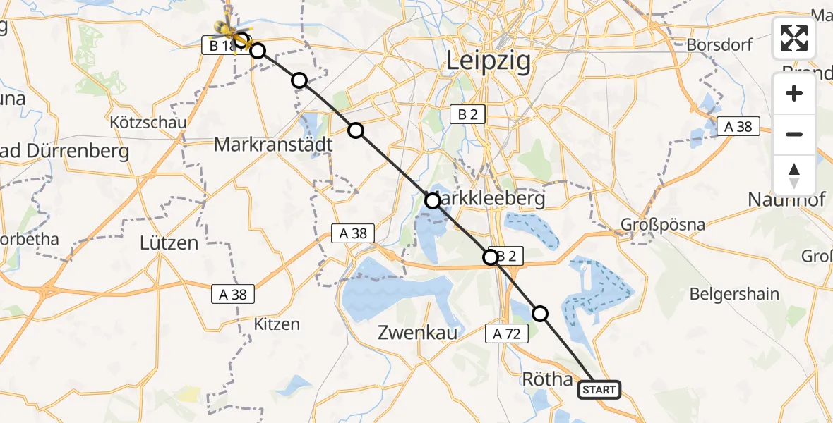Routekaart van de vlucht: Rettungshubschrauber nach ADAC Air Rescue Station Leipzig/Schkeuditz-Dölzig Hubschrauberlandeplatz (Christoph 61)