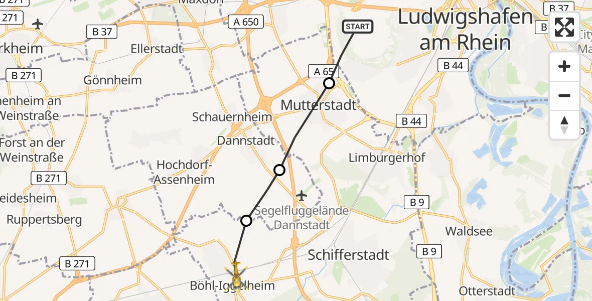 Flugroute Rettungshubschrauber Ludwigshafen am Rhein - Böhl-Iggelheim, 23 März 2026, 08:25