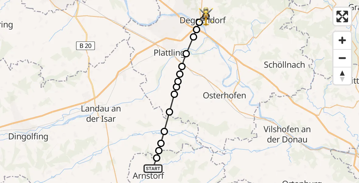 Flugroute Rettungshubschrauber Arnstorf - Kleinfilling, 23 März 2026, 08:32