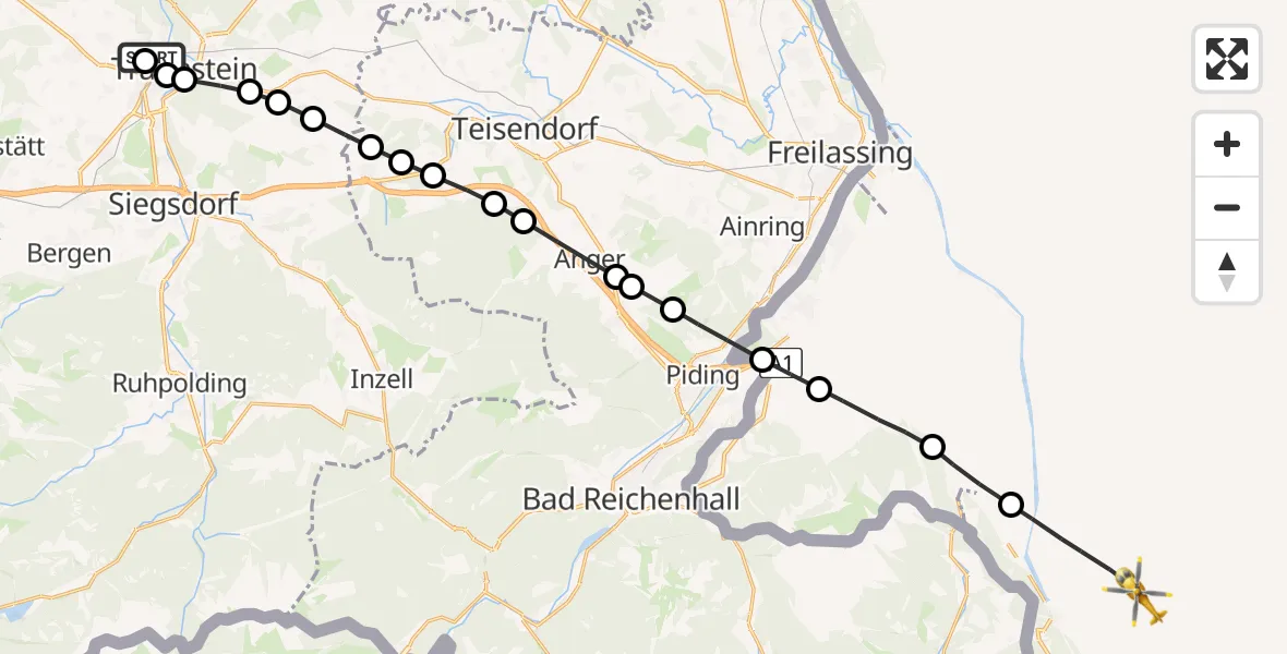Flugroute Rettungshubschrauber Traunstein Hospital - Kaltenhausen, 23 März 2026, 08:38
