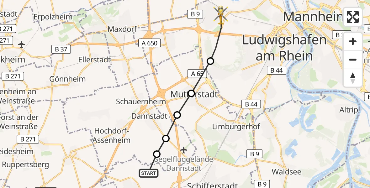 Flugroute Rettungshubschrauber Böhl-Iggelheim - Ludwigshafen am Rhein, 23 März 2026, 08:44