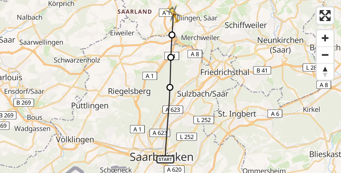 Flugroute Rettungshubschrauber Saarbrücken - Uchtelfangen, 23 März 2026, 08:45