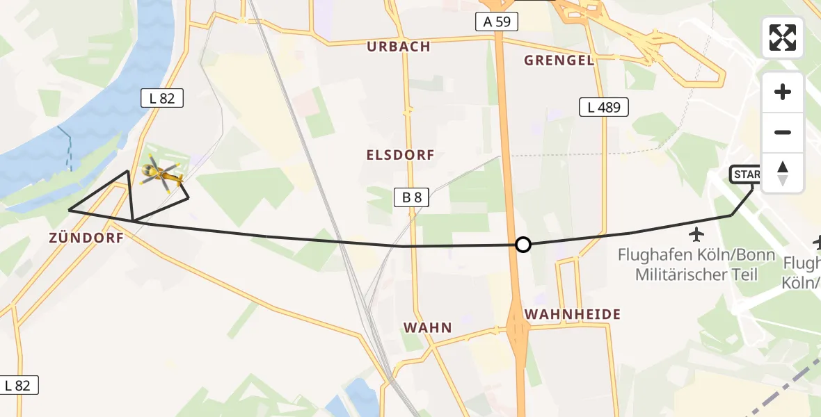 Flugroute Rettungshubschrauber Köln Bonn Flughafen - Porz, 23 März 2026, 08:47