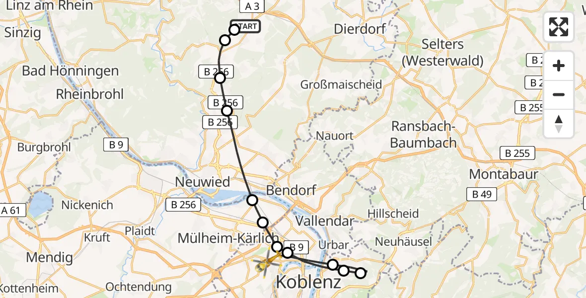 Flugroute Rettungshubschrauber Gierend - Koblenz, 23 März 2026, 08:54
