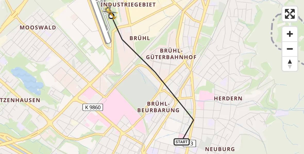 Routekaart van de vlucht: Ambulanzhubschrauber nach Freiburg im Breisgau Flugplatz