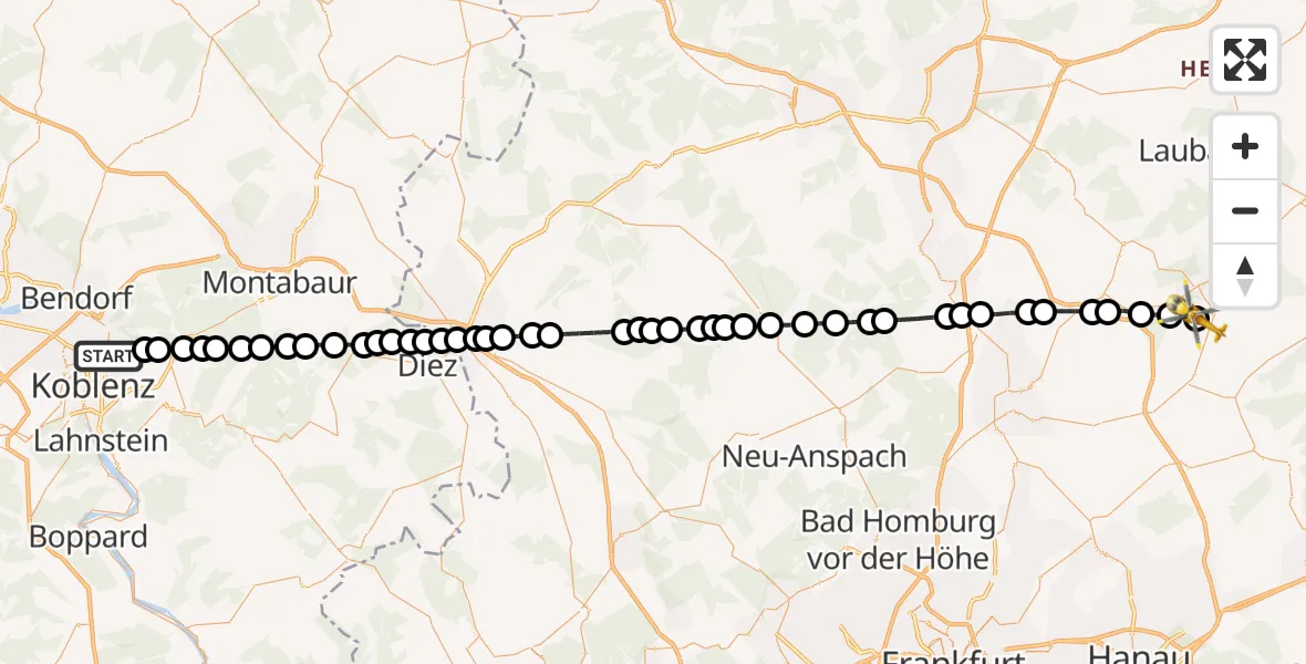 Flugroute Ambulanzhubschrauber Urbar - Nidda Flugplatz, 23 März 2026, 08:56