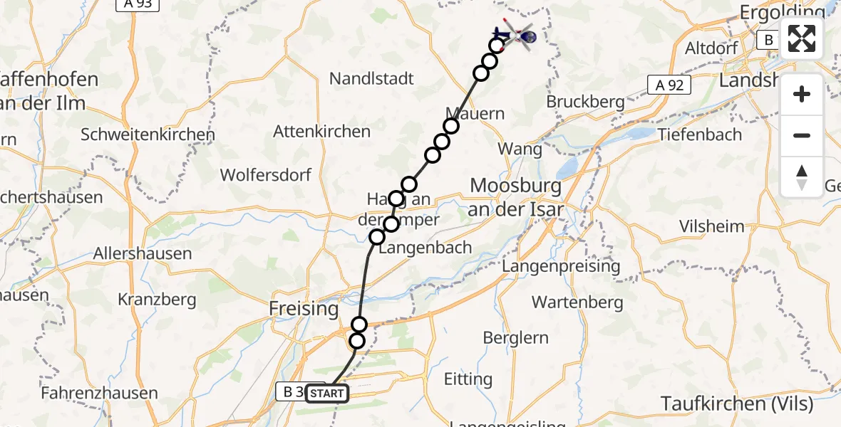 Routekaart van de vlucht: Polizeihubschrauber nach Gammelsdorf