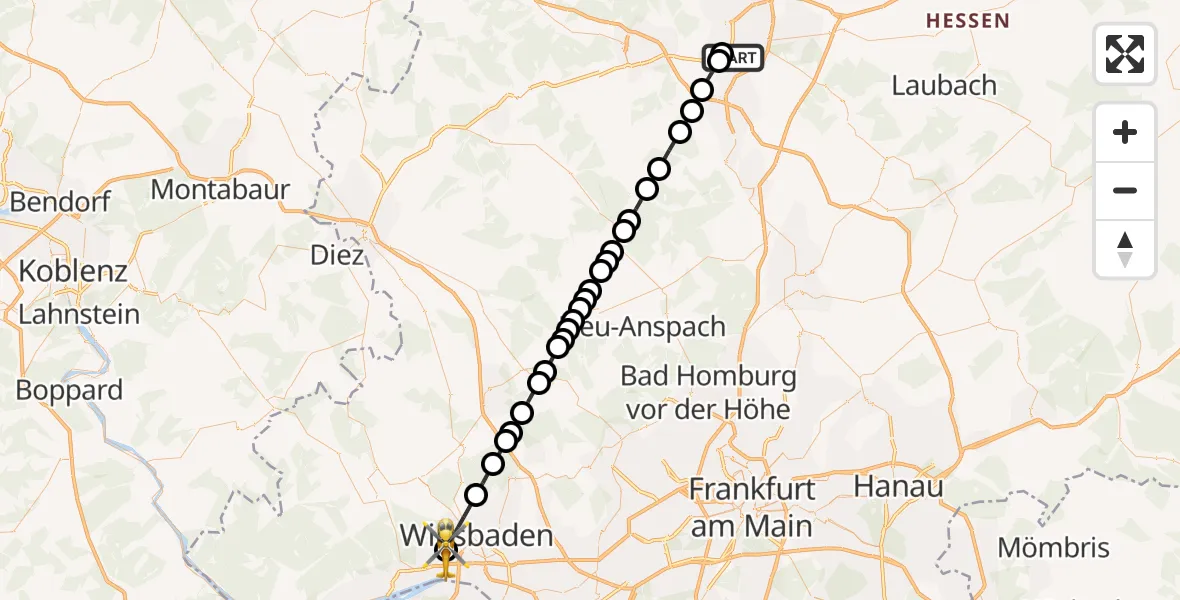 Flugroute Rettungshubschrauber Gießen - Helios Horst Schmidt Klinik (HSK) Hubschrauberlandeplatz, 23 März 2026, 09:06