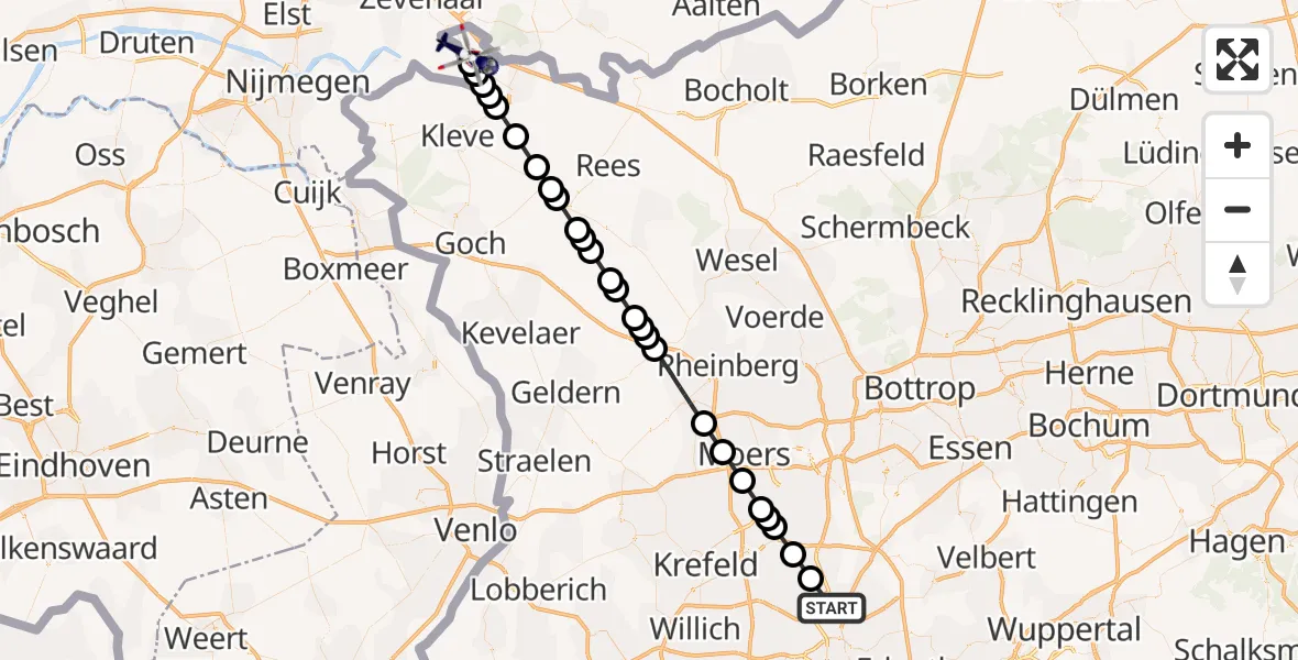 Flugroute Polizeihubschrauber Düsseldorf Flughafen - Elten, 23 März 2026, 09:12