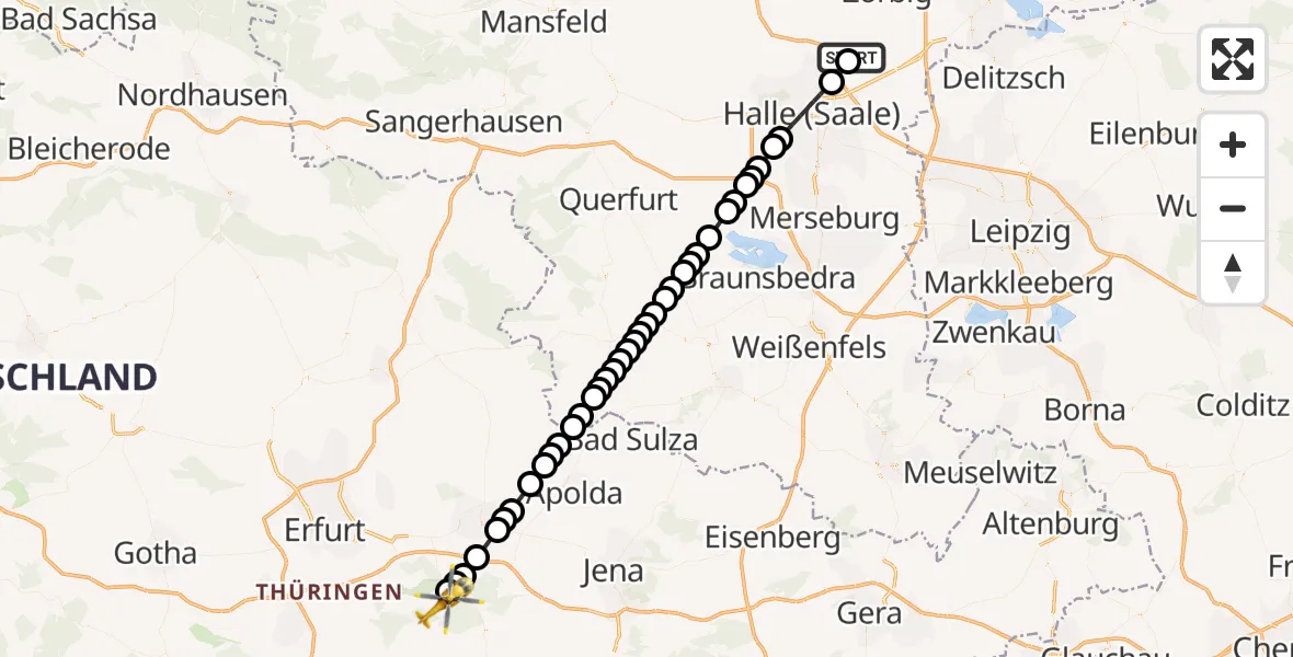 Routekaart van de vlucht: Ambulanzhubschrauber nach DRF Rettungsstation Bad Berka Hubschrauberlandeplatz