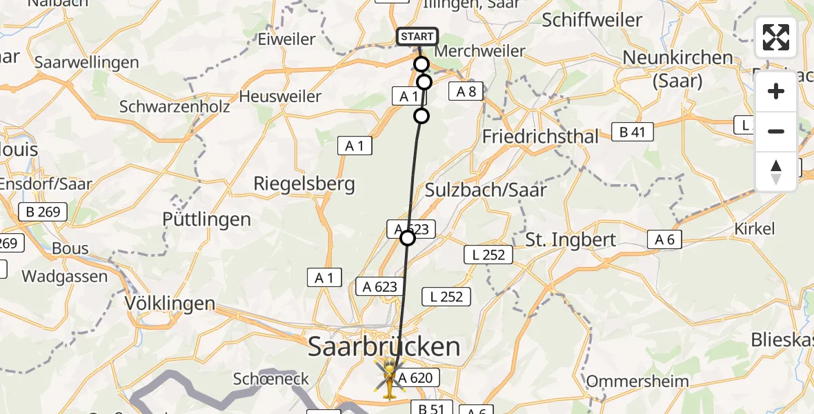 Flugroute Rettungshubschrauber Uchtelfangen - Saarbrücken, 23 März 2026, 09:21