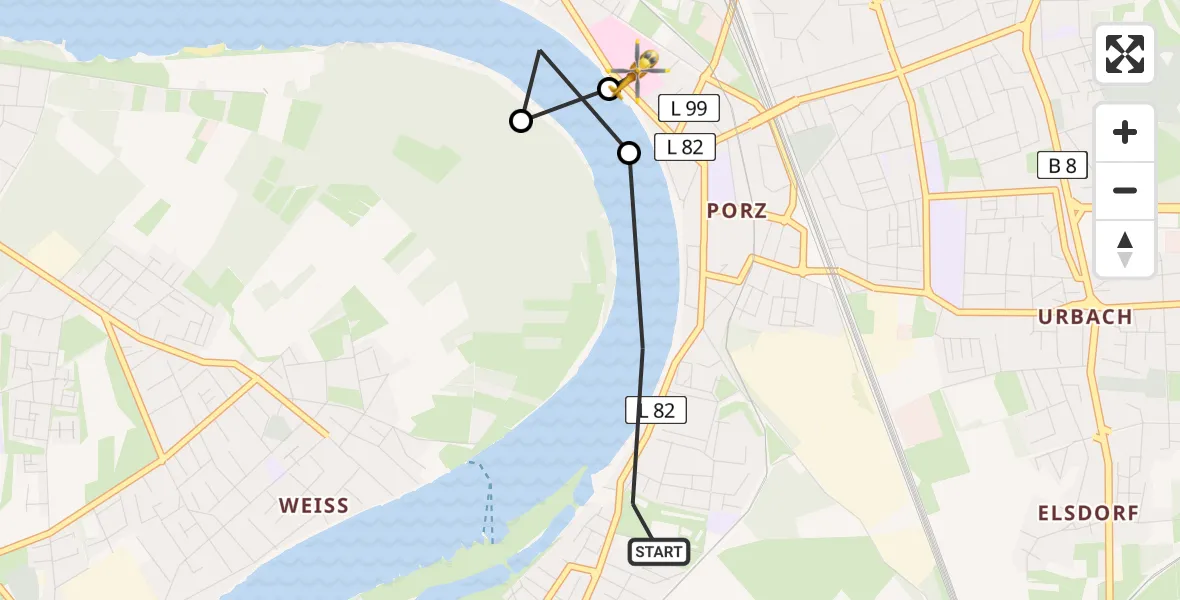 Flugroute Rettungshubschrauber Porz - Porz am Rhein Hospital, 23 März 2026, 09:22