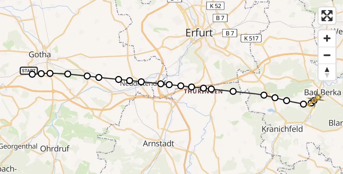 Flugroute Ambulanzhubschrauber Helios Clinic Gotha - Bad Berka Central Hospital, 23 März 2026, 09:26