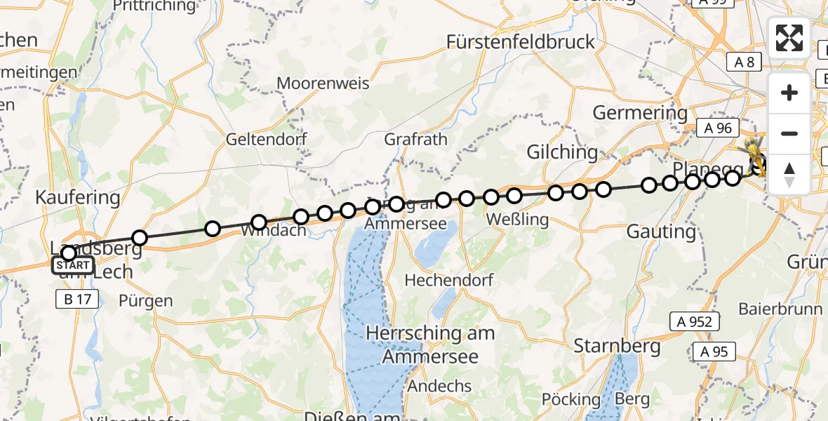 Flugroute Rettungshubschrauber Landsberg am Lech Hospital - DRF Air Rescue München Hubschrauberlandeplatz, 23 März 2026, 09:27