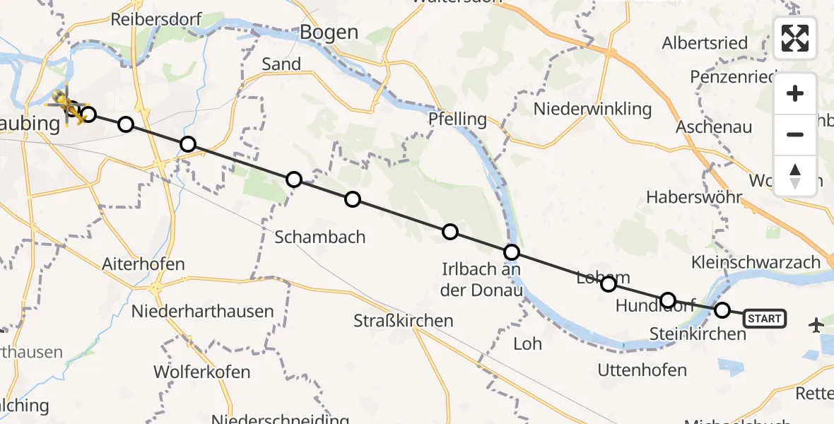 Flugroute Rettungshubschrauber Kleinschwarzach - Sankt Elisabeth Hospital Straubing, 23 März 2026, 09:28