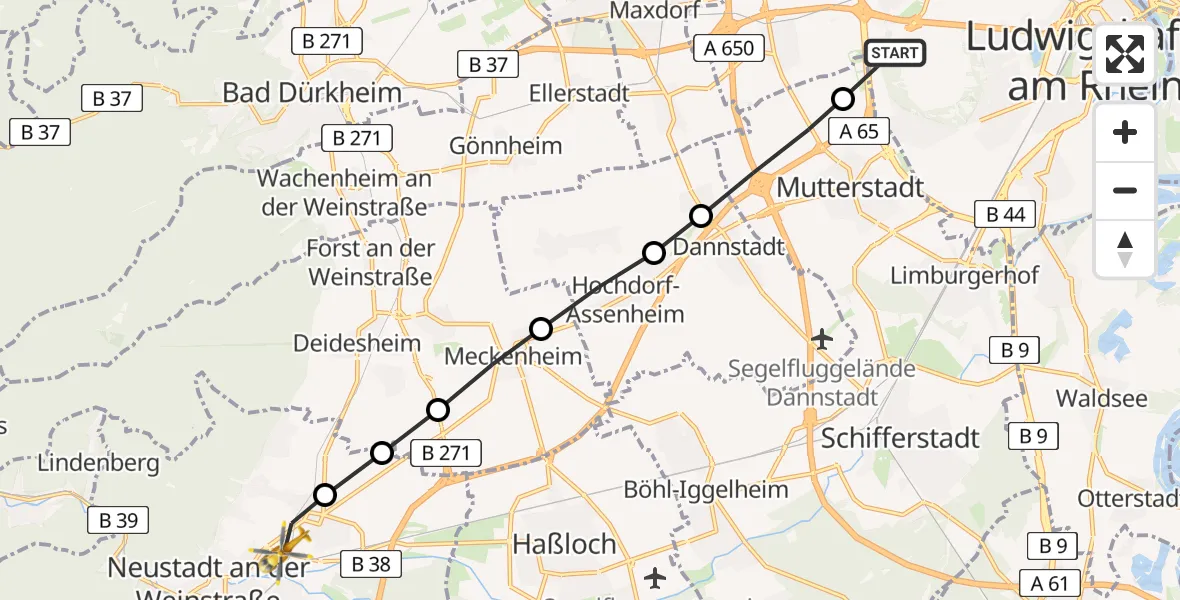 Flugroute Rettungshubschrauber Ludwigshafen am Rhein - Neustadt an der Weinstraße, 23 März 2026, 09:31