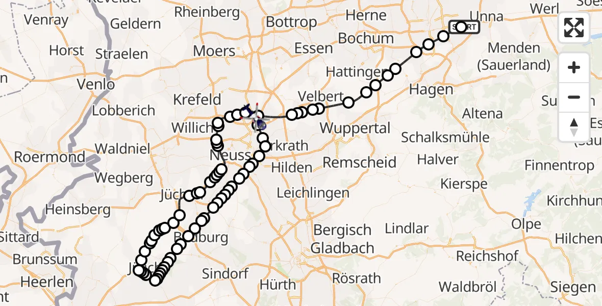 Flugroute Polizeihubschrauber Dortmund Flughafen - Düsseldorf Flughafen, 23 März 2026, 09:31