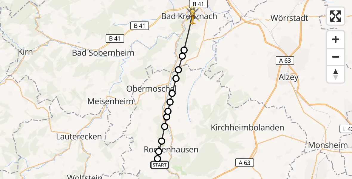 Flugroute Rettungshubschrauber Imsweiler UL - Bad Kreuznach, 23 März 2026, 09:38