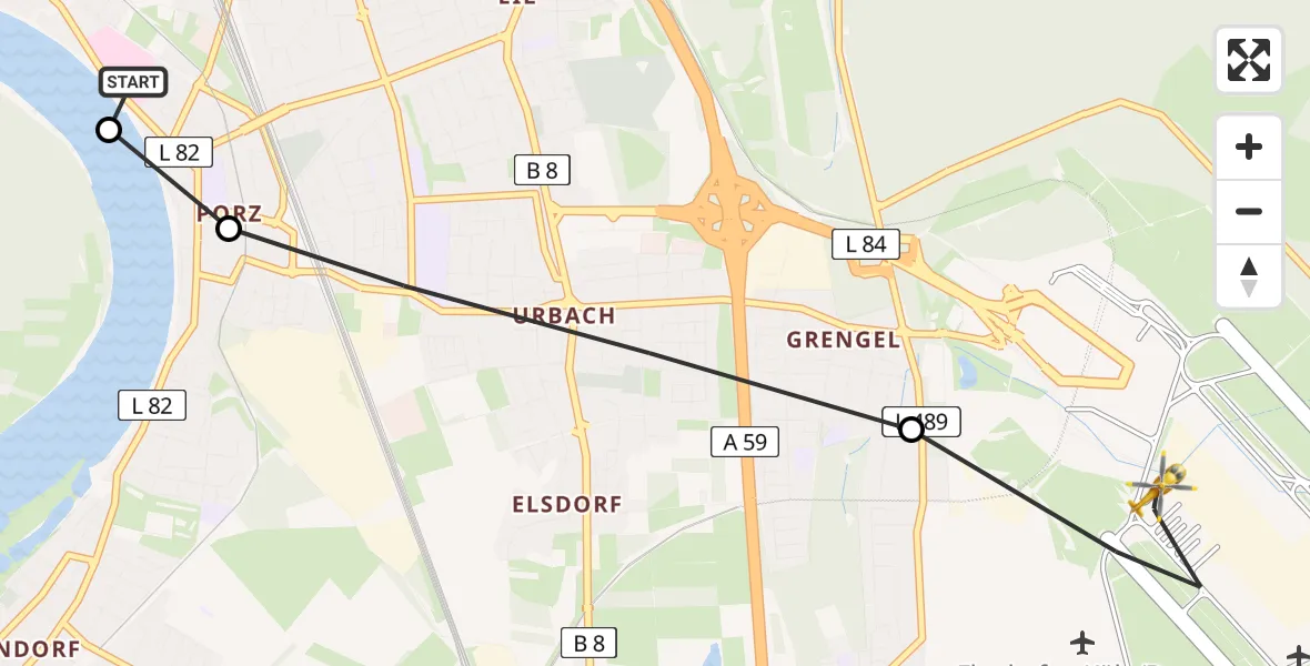 Flugroute Rettungshubschrauber Porz am Rhein Hospital - Köln Bonn Flughafen, 23 März 2026, 09:49