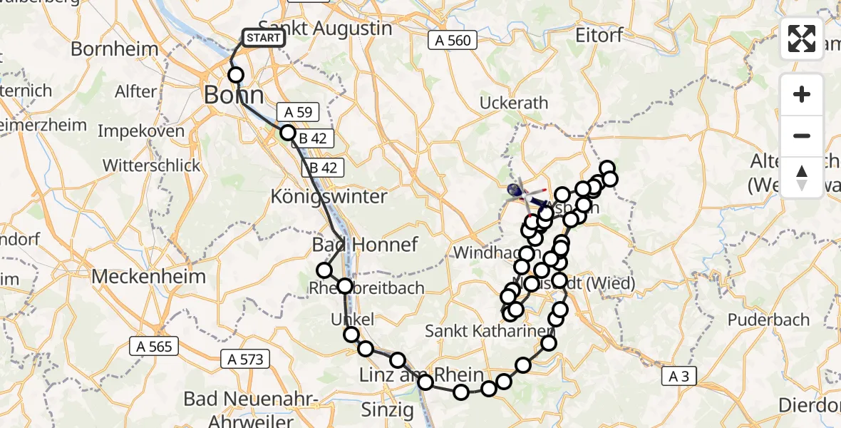 Flugroute Polizeihubschrauber Bonn - Buchholz (Westerwald), 23 März 2026, 09:50