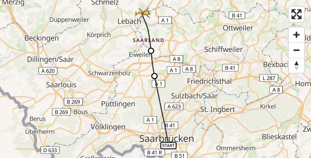 Routekaart van de vlucht: Rettungshubschrauber nach Lebach, Koblenzer Straße