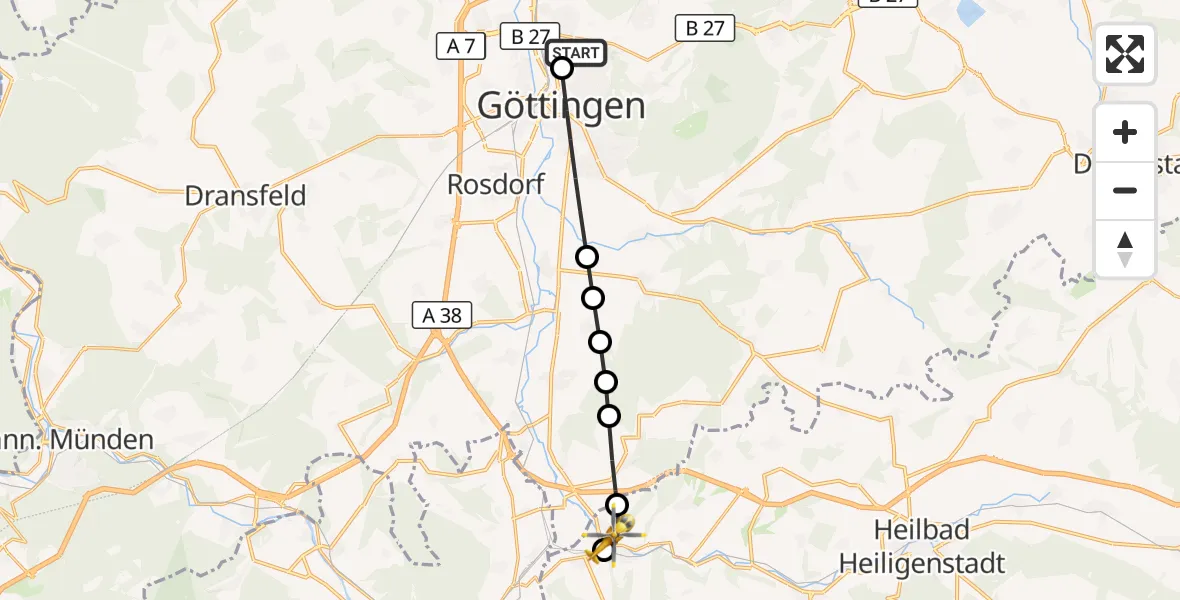 Flugroute Rettungshubschrauber Göttingen University Clinic Hubschrauberlandeplatz - Kirchgandern, 23 März 2026, 09:52