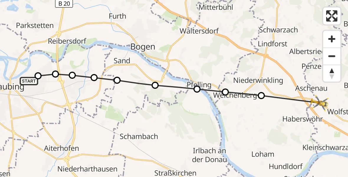Flugroute Rettungshubschrauber Sankt Elisabeth Hospital Straubing - Niederwinkling, 23 März 2026, 09:54