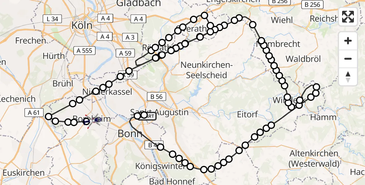 Flugroute Polizeihubschrauber Sankt Augustin - Botzdorf, 23 März 2026, 09:54