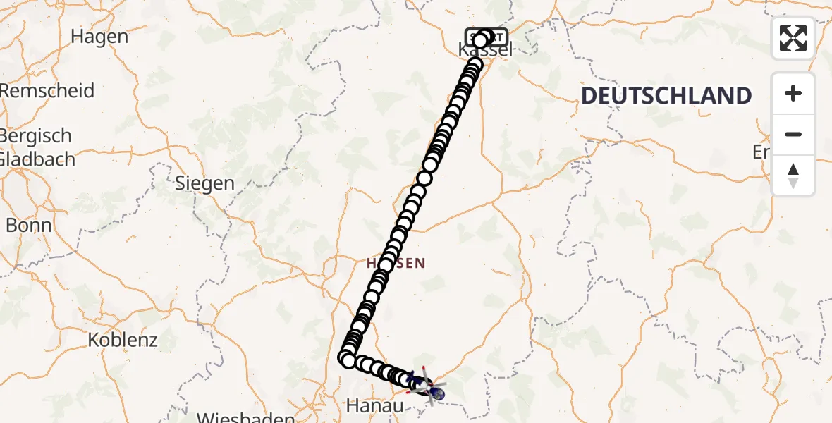Routekaart van de vlucht: Polizeihubschrauber nach Gelnhausen, Fuldatal Bundespolizei Hubschrauberlandeplatz