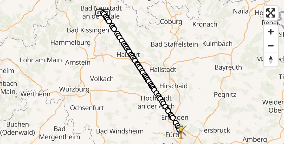 Flugroute Ambulanzhubschrauber Bad Neustadt an der Saale Hospital - Flughafen Nuremberg, 23 März 2026, 10:01