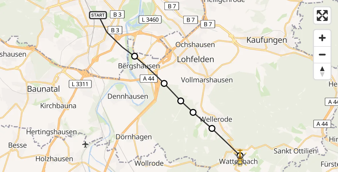 Flugroute Rettungshubschrauber Kassel - Wattenbach, 23 März 2026, 10:02