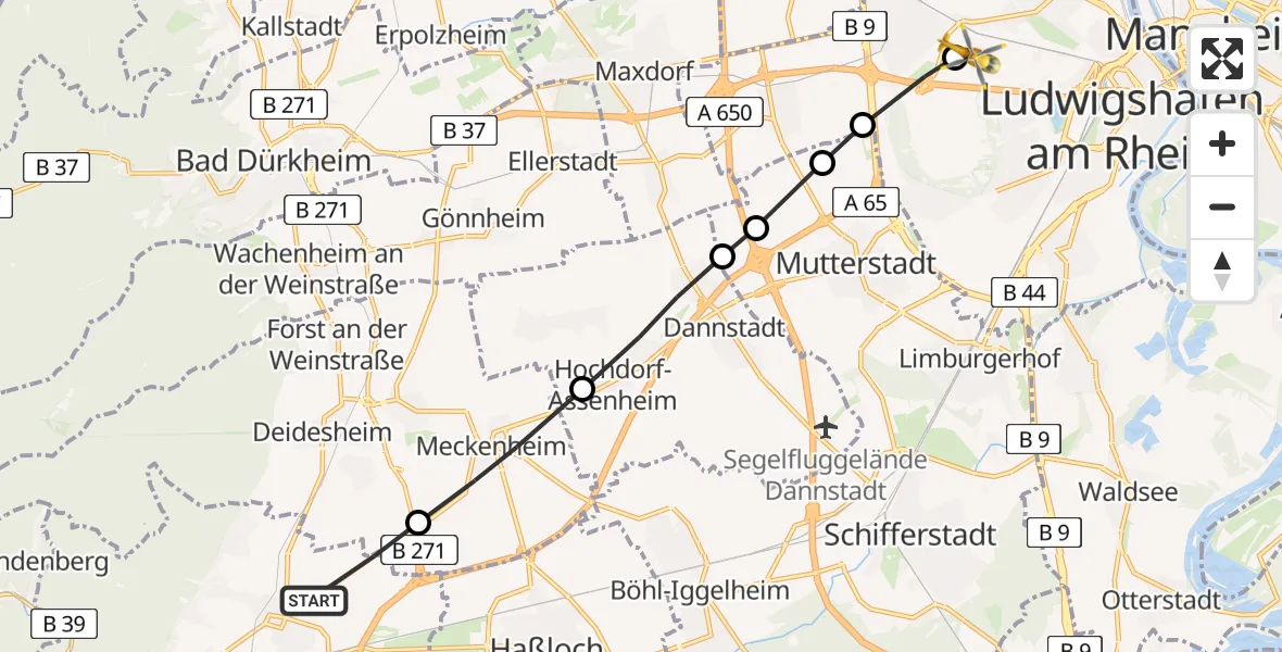 Flugroute Rettungshubschrauber Neustadt an der Weinstraße - Ludwigshafen Accident Hospital, 23 März 2026, 10:08