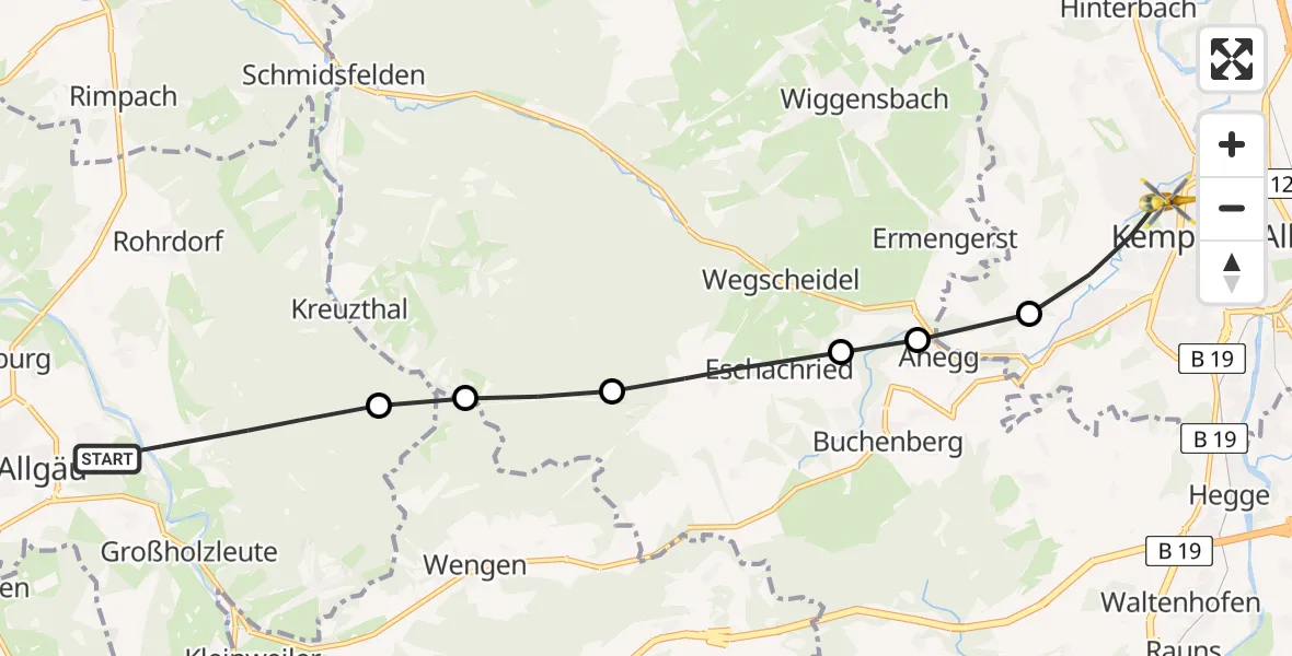 Flugroute Rettungshubschrauber Großholzleute - Kempten (Allgäu), 23 März 2026, 10:20