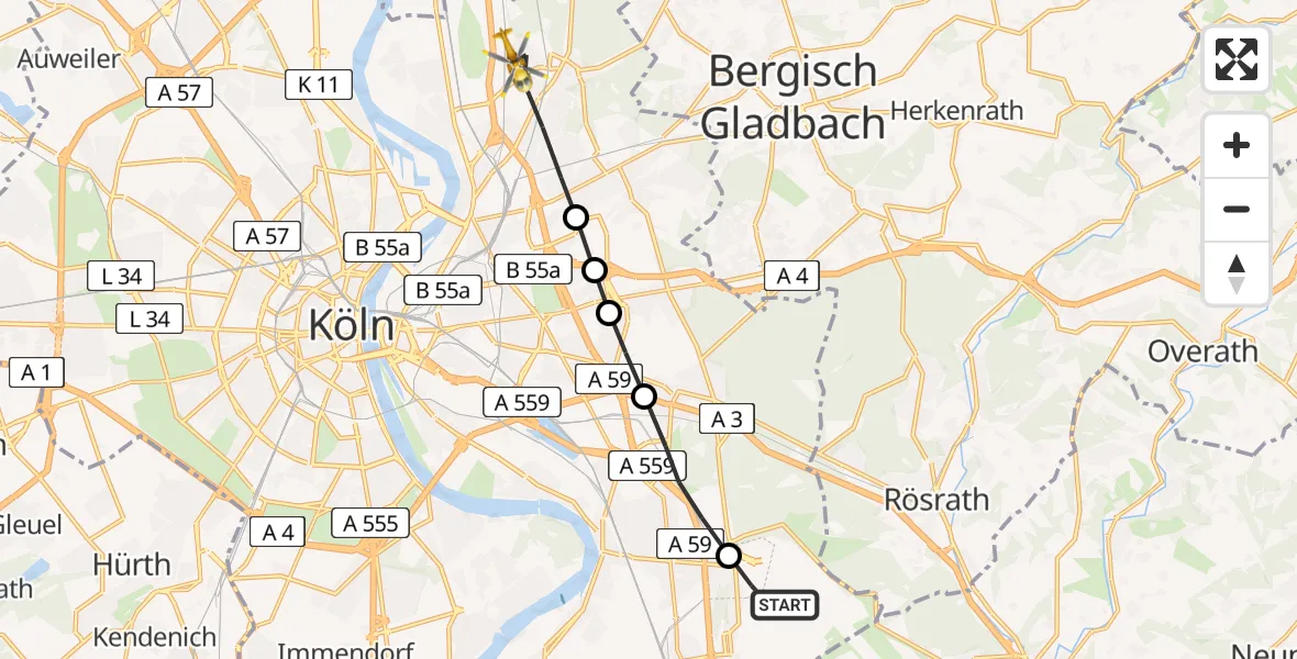 Flugroute Rettungshubschrauber Köln Bonn Flughafen - Mülheim, 23 März 2026, 10:21
